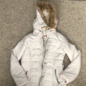 White faux fur long winter coat
